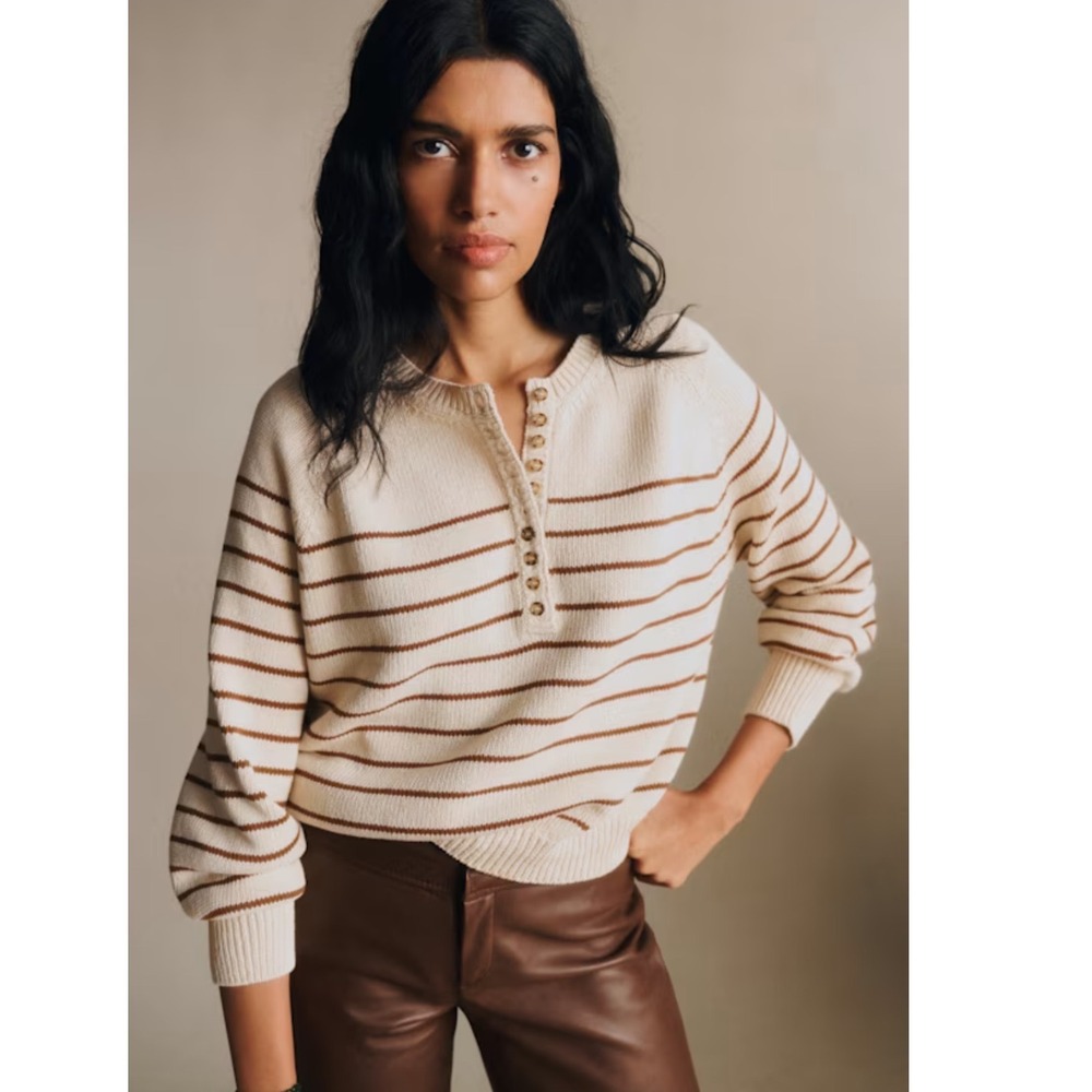 Sezane Leontine Jumper Striped Organic Cotton Henley Sweater Ecru Camel Brown S